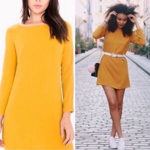 American Apparel Gia Long Sleeve Shift Mini Crepe Dress Mustard Yellow